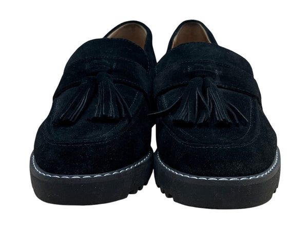 Franco Sarto Black Suede With Tassels & Stacked Sole Womens Loafers Size 7.5M