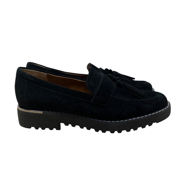 Franco Sarto Black Suede With Tassels & Stacked Sole Womens Loafers Size 7.5M