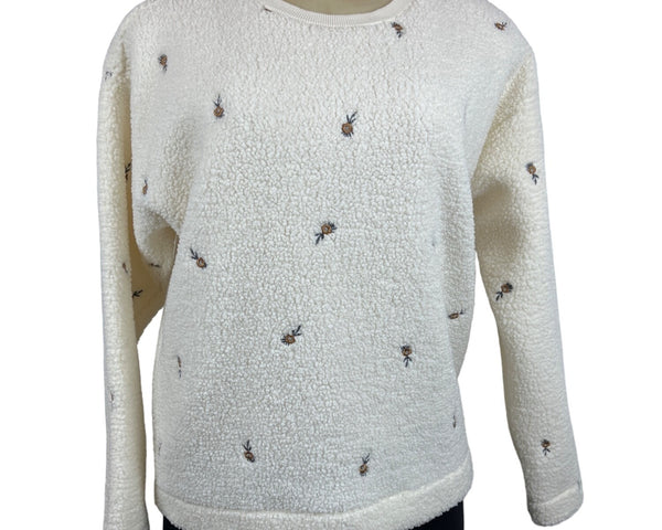 Loft Womens Cream Embroidered Long Sleeve Flowers Sherpa Pullover Sweater Sz XS