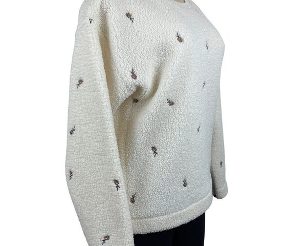 Loft Womens Cream Embroidered Long Sleeve Flowers Sherpa Pullover Sweater Sz XS