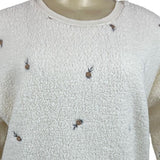 Loft Womens Cream Embroidered Long Sleeve Flowers Sherpa Pullover Sweater Sz XS