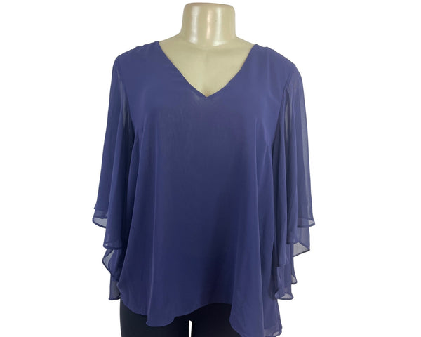 Jennifer Lopez Blue V-Neck Chiffon Blouse With Layered Bell Sleeves Size S - New