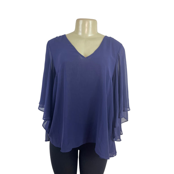 Jennifer Lopez Blue V-Neck Chiffon Blouse With Layered Bell Sleeves Size S - New