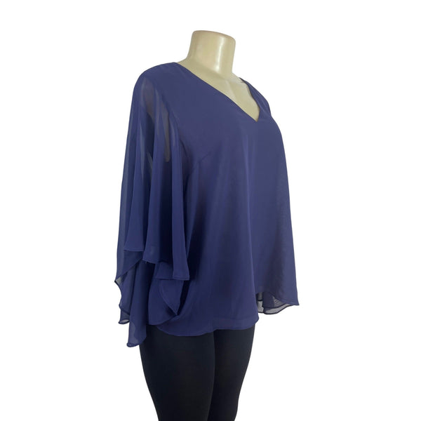 Jennifer Lopez Blue V-Neck Chiffon Blouse With Layered Bell Sleeves Size S - New