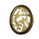 French Depose Vintage Gold Tone Bird Motif Oval Brooch Pin Ornate Carved Design