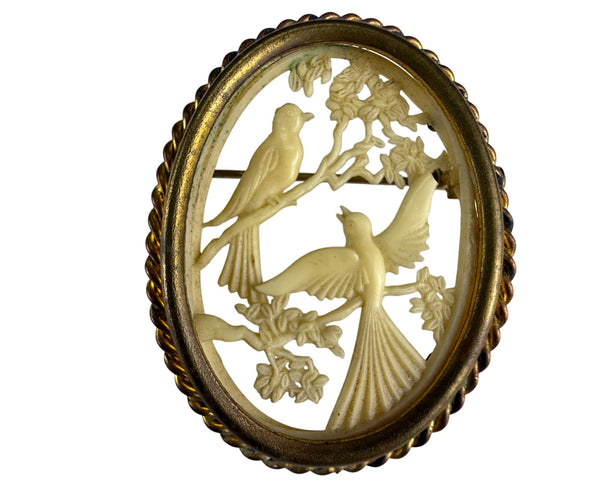 French Depose Vintage Gold Tone Bird Motif Oval Brooch Pin Ornate Carved Design