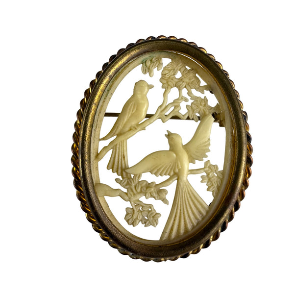 French Depose Vintage Gold Tone Bird Motif Oval Brooch Pin Ornate Carved Design