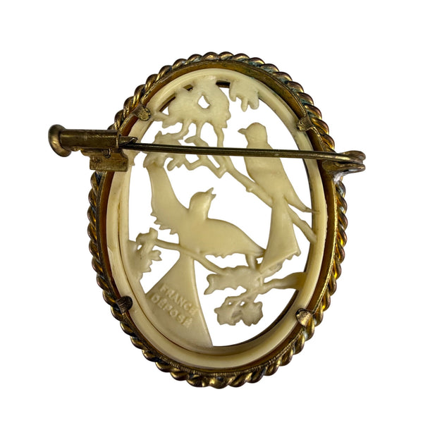French Depose Vintage Gold Tone Bird Motif Oval Brooch Pin Ornate Carved Design