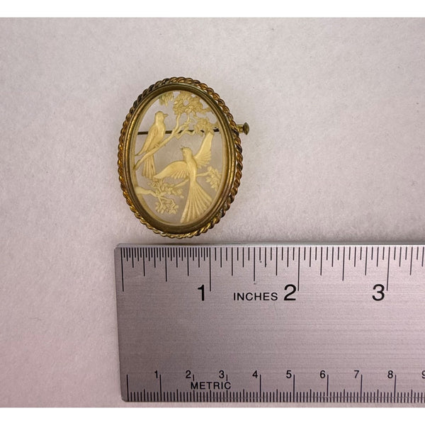 French Depose Vintage Gold Tone Bird Motif Oval Brooch Pin Ornate Carved Design