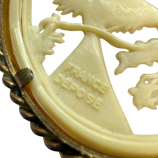 French Depose Vintage Gold Tone Bird Motif Oval Brooch Pin Ornate Carved Design