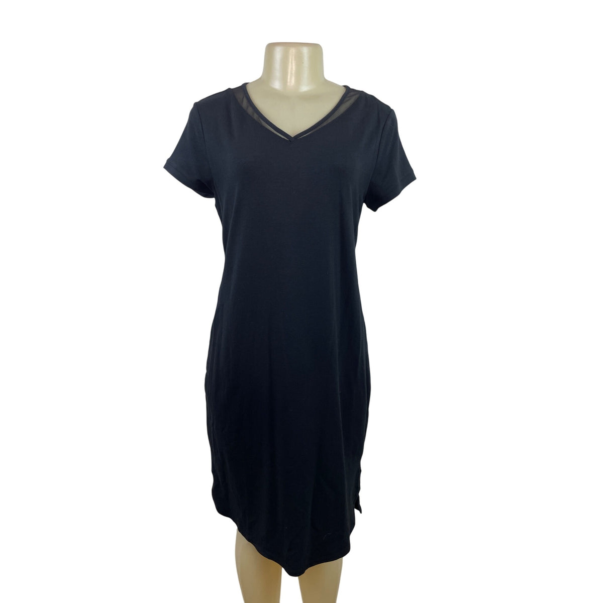 H By Halston Womens Black V-Neck Short Sleeve Dress With Sheer Mesh Detail Sz SP