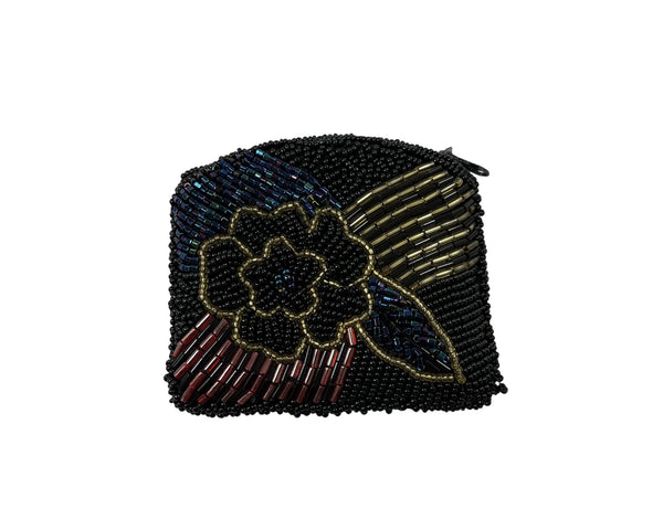 Beaded Womens Black Multicolor Floral Embellished Small Clutch Coin Purse