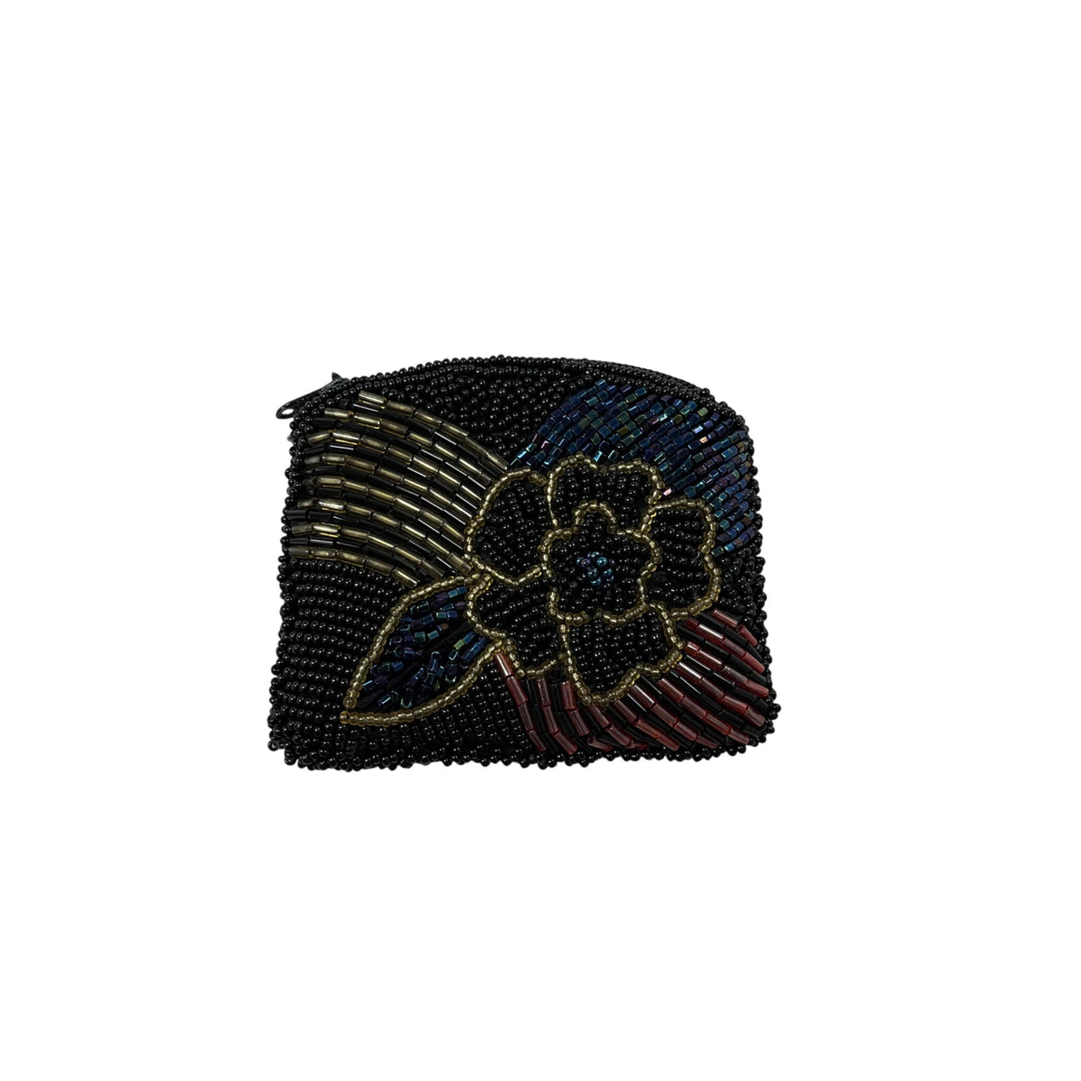 Beaded Womens Black Multicolor Floral Embellished Small Clutch Coin Purse