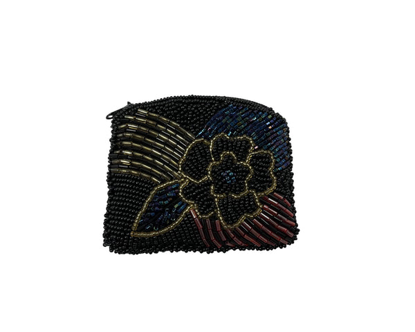 Beaded Womens Black Multicolor Floral Embellished Small Clutch Coin Purse