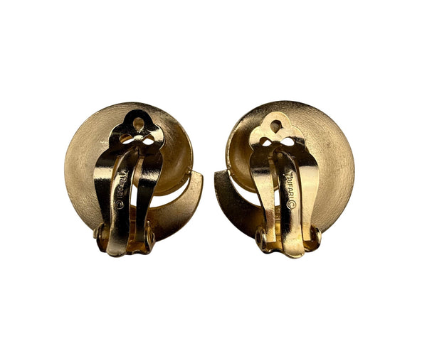 Trifari Gold Tone Clip On Circular Earrings Women's Classic Swirled Mid Century