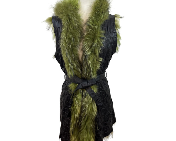 Green Fur & Black Leather Hooded Waistcoat Vest With Belt