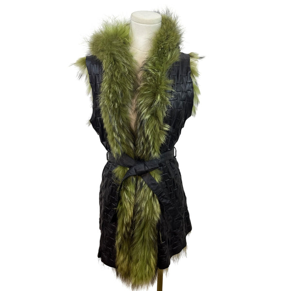 Green Fur & Black Leather Hooded Waistcoat Vest With Belt