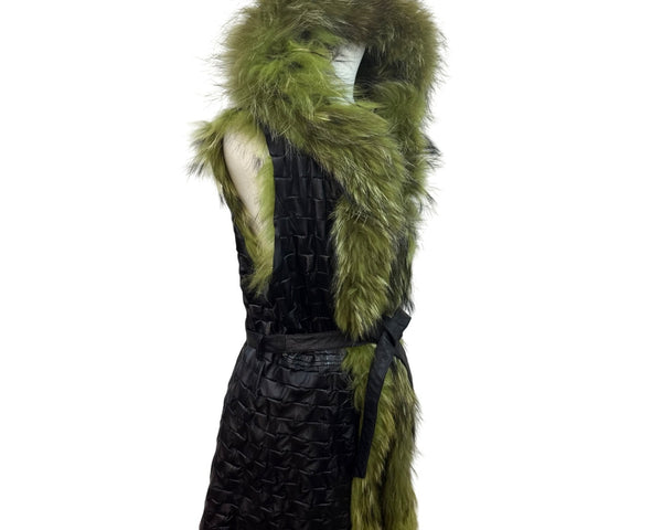 Green Fur & Black Leather Hooded Waistcoat Vest With Belt
