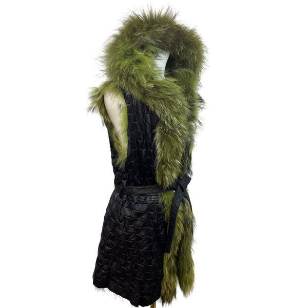 Green Fur & Black Leather Hooded Waistcoat Vest With Belt