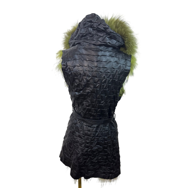Green Fur & Black Leather Hooded Waistcoat Vest With Belt