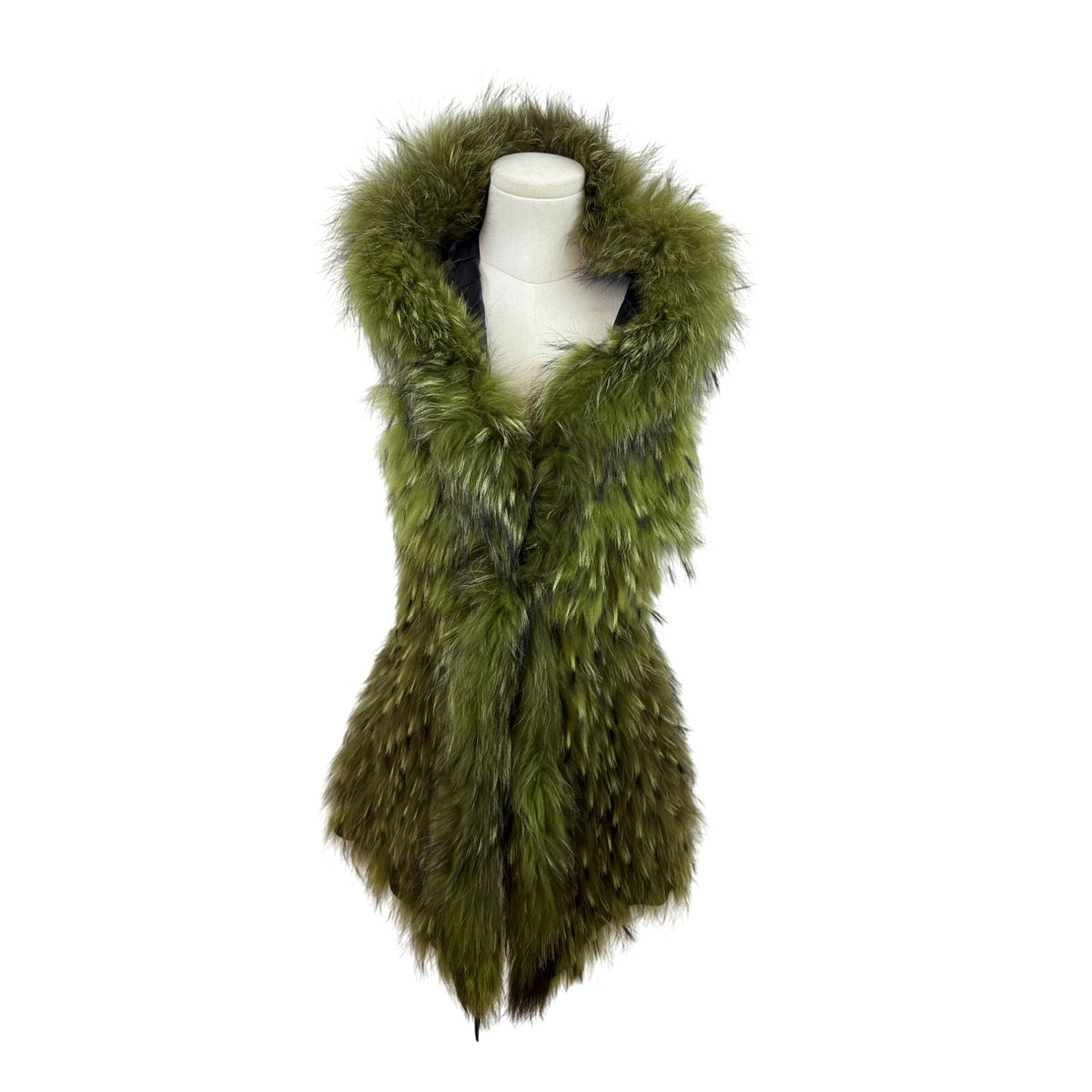 Green Fur & Black Leather Hooded Waistcoat Vest With Belt