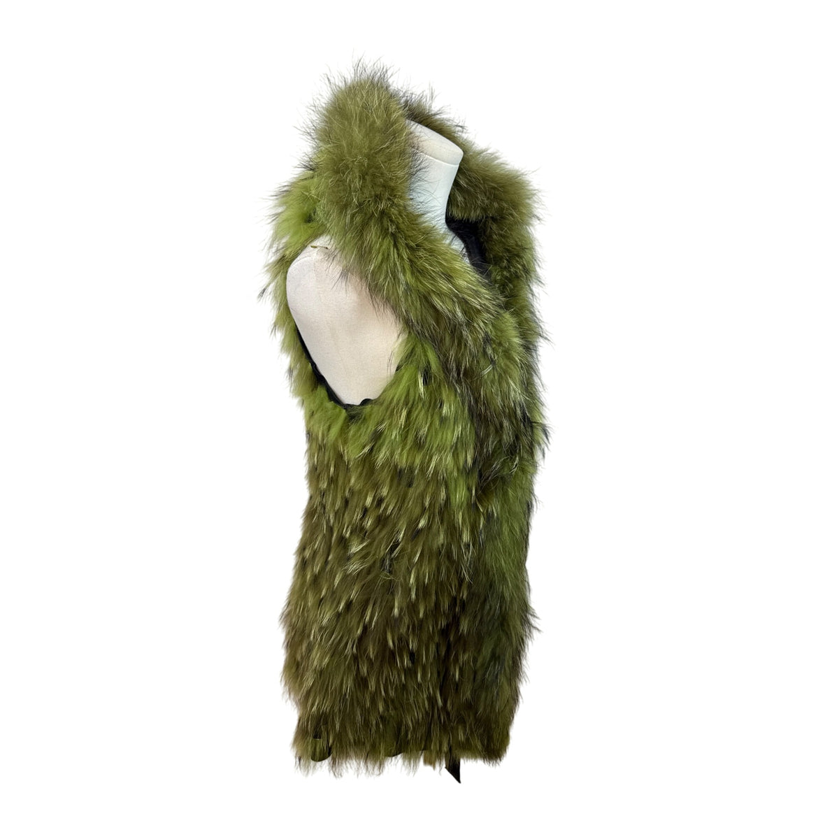 Green Fur & Black Leather Hooded Waistcoat Vest With Belt
