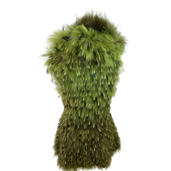 Green Fur & Black Leather Hooded Waistcoat Vest With Belt