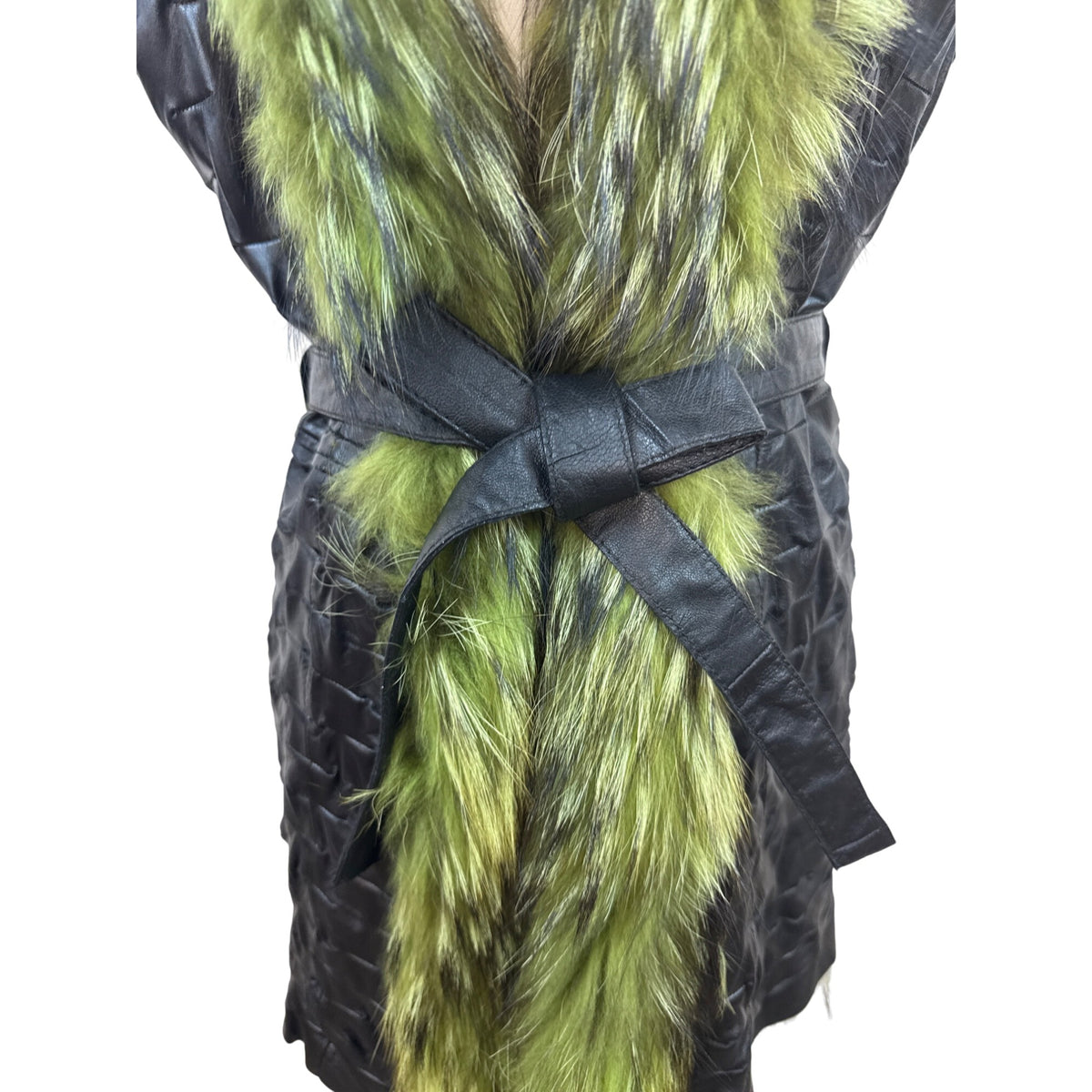 Green Fur & Black Leather Hooded Waistcoat Vest With Belt