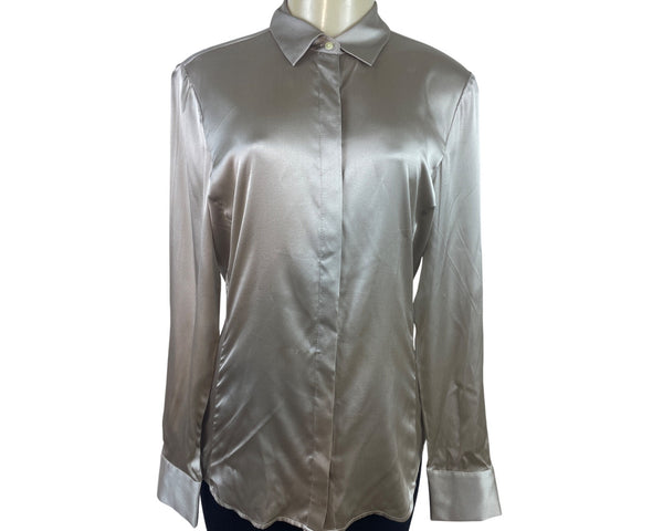 Ann Taylor Long-Sleeve Button-Up Shirt W/ Collared Neck In Champagne Beige Sz 8