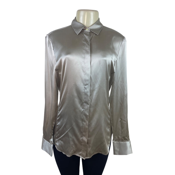 Ann Taylor Long-Sleeve Button-Up Shirt W/ Collared Neck In Champagne Beige Sz 8