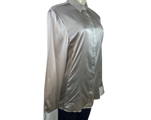 Ann Taylor Long-Sleeve Button-Up Shirt W/ Collared Neck In Champagne Beige Sz 8