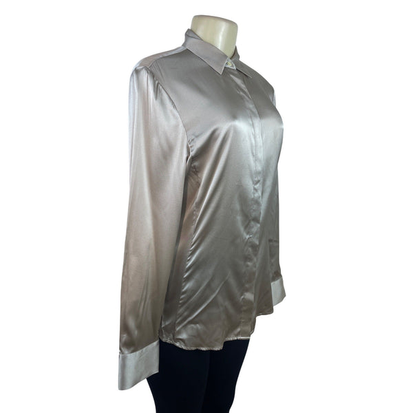 Ann Taylor Long-Sleeve Button-Up Shirt W/ Collared Neck In Champagne Beige Sz 8