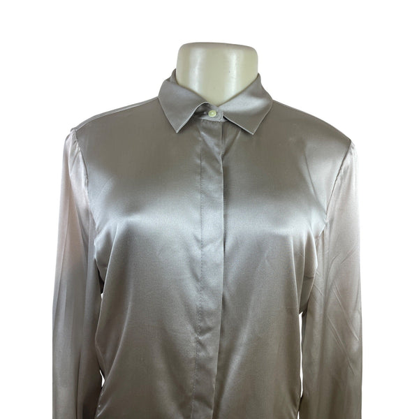 Ann Taylor Long-Sleeve Button-Up Shirt W/ Collared Neck In Champagne Beige Sz 8