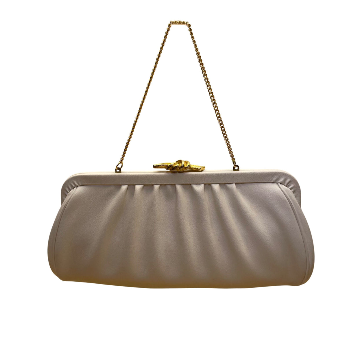 Soft Cream Leather Clutch Bag With Gold Chain Handle & Knot Metal Clasp Closure