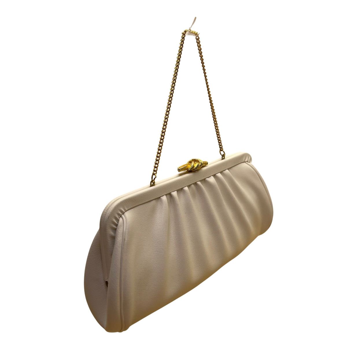 Soft Cream Leather Clutch Bag With Gold Chain Handle & Knot Metal Clasp Closure