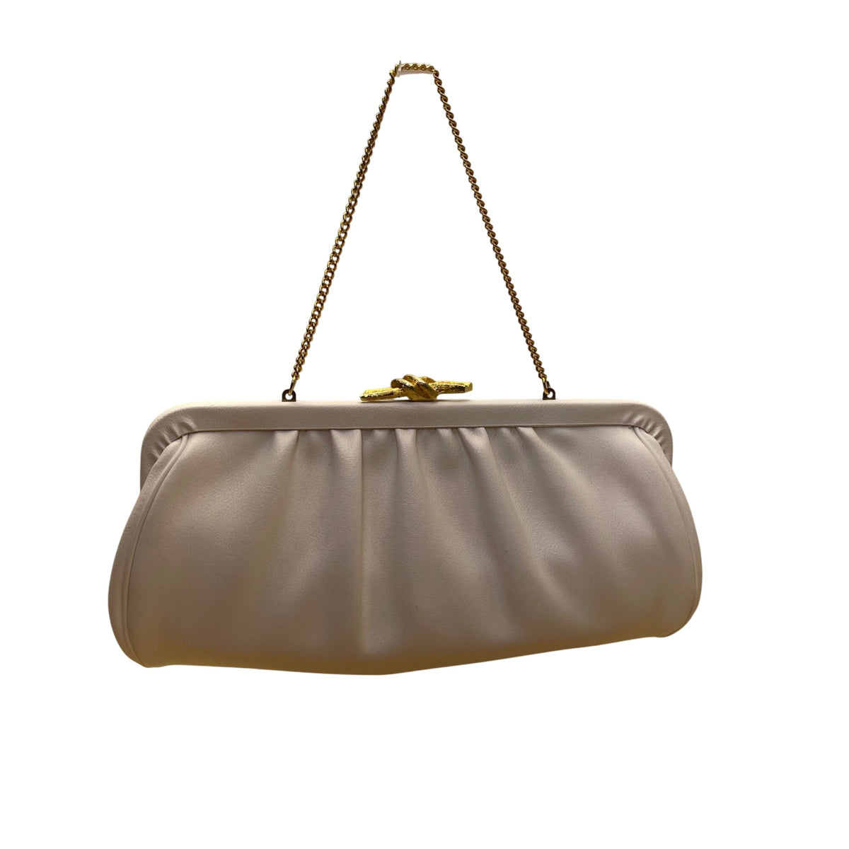 Soft Cream Leather Clutch Bag With Gold Chain Handle & Knot Metal Clasp Closure