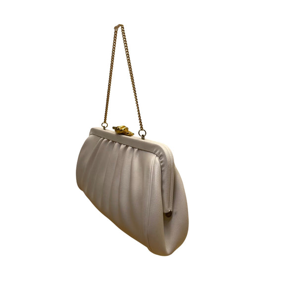Soft Cream Leather Clutch Bag With Gold Chain Handle & Knot Metal Clasp Closure