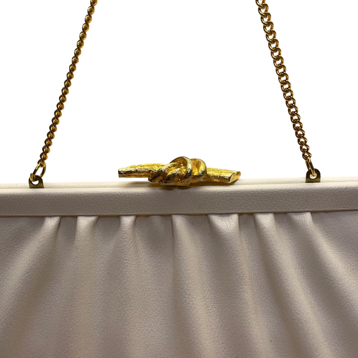 Soft Cream Leather Clutch Bag With Gold Chain Handle & Knot Metal Clasp Closure