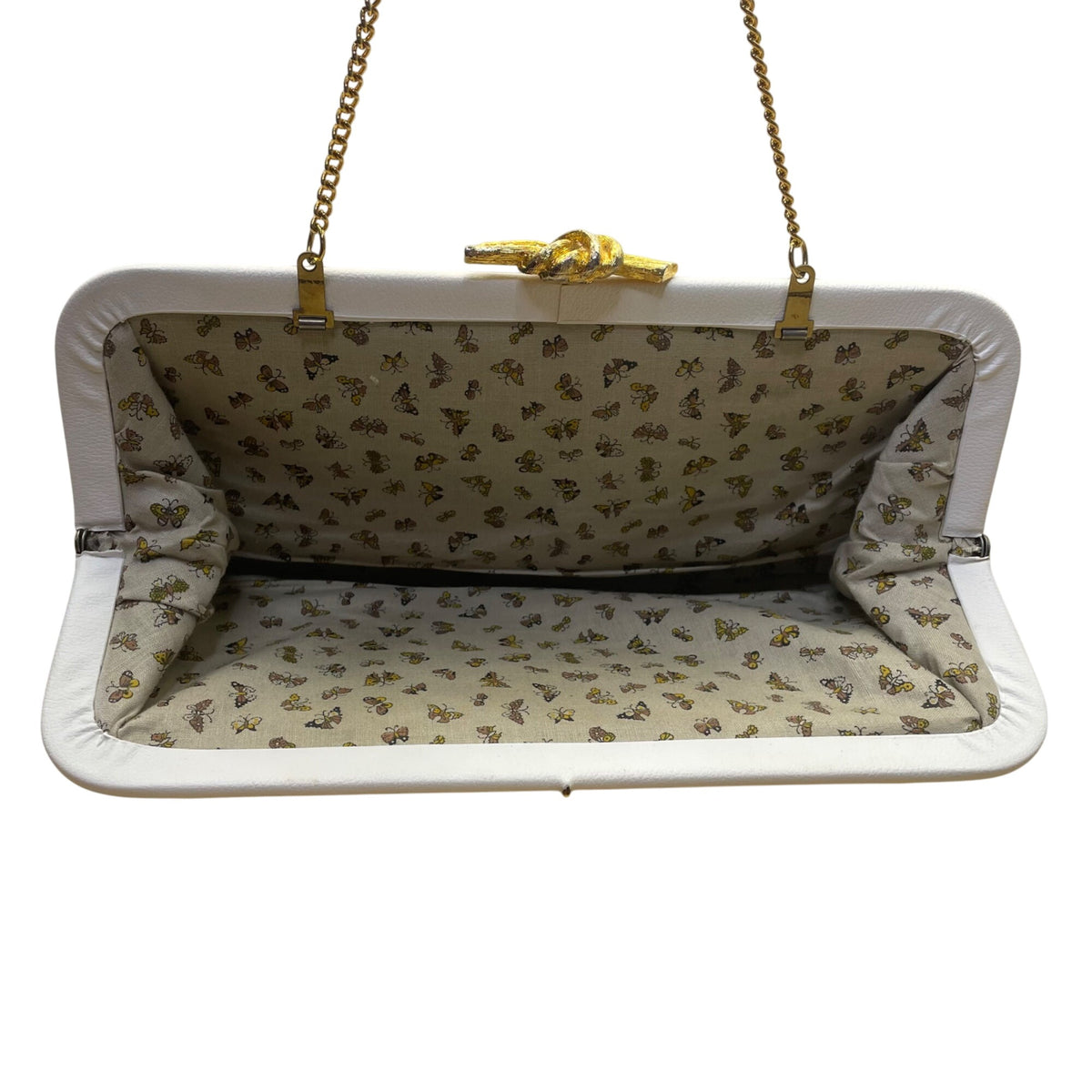 Soft Cream Leather Clutch Bag With Gold Chain Handle & Knot Metal Clasp Closure