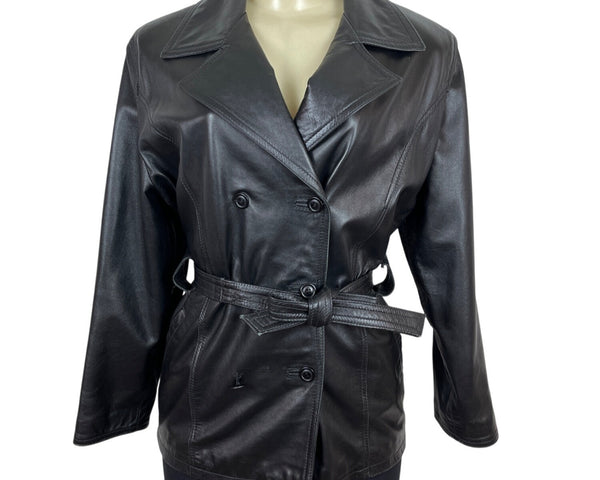 Firenze Womens Black Genuine Leather Double Breasted Belted Jacket Sz M