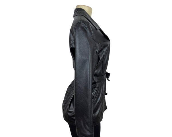 Firenze Womens Black Genuine Leather Double Breasted Belted Jacket Sz M