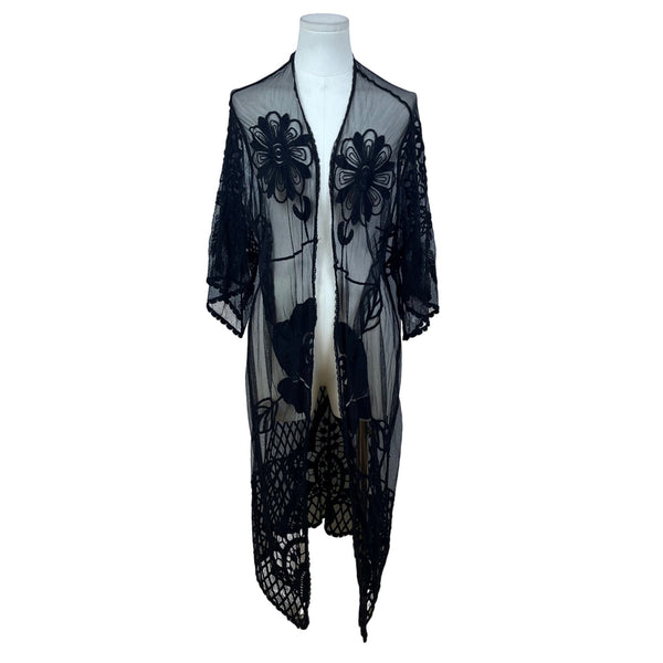 ReeBees Black Lace Women's Kimono Floral Embroidered Cardigan Duster Cover Up OS