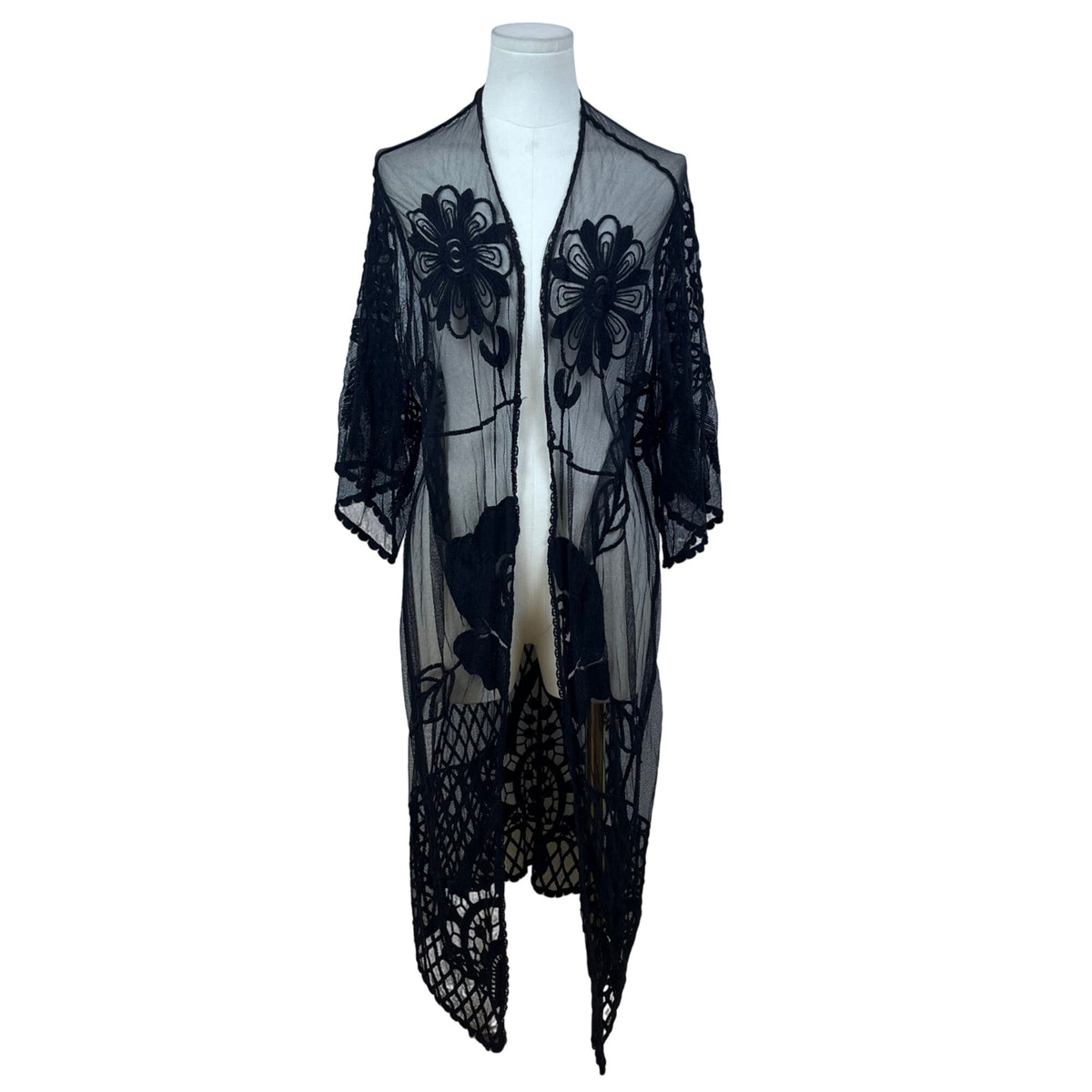 ReeBees Black Lace Women's Kimono Floral Embroidered Cardigan Duster Cover Up OS