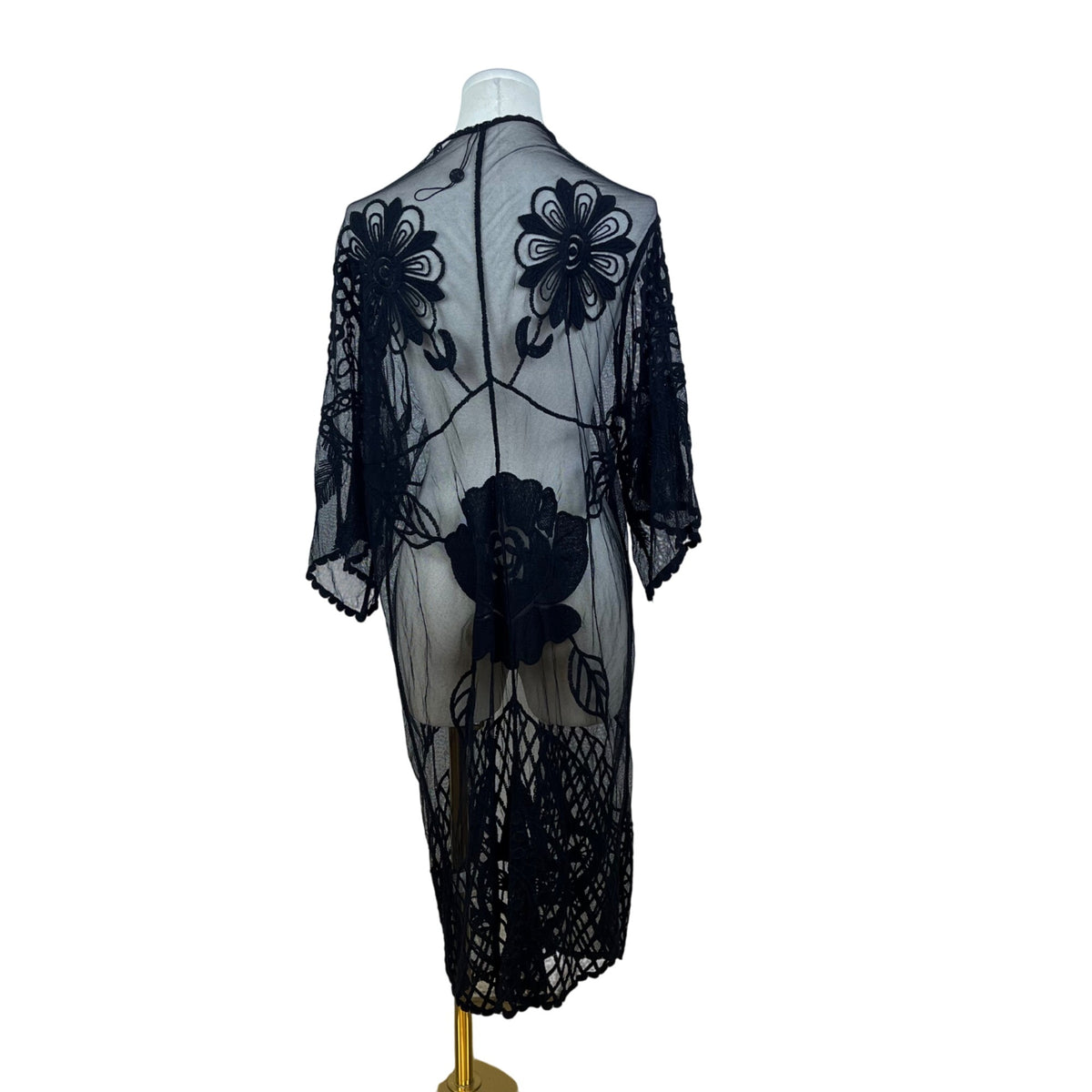 ReeBees Black Lace Women's Kimono Floral Embroidered Cardigan Duster Cover Up OS