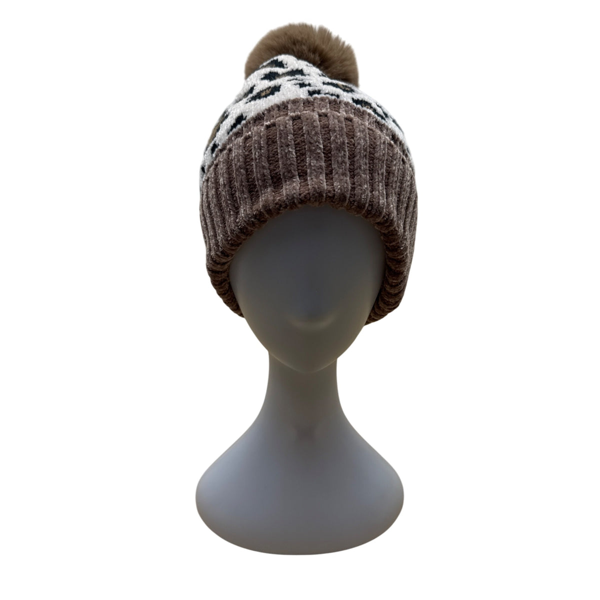 Leopard Print Knit Beanie With Faux Fur Pom Brown Ribbed