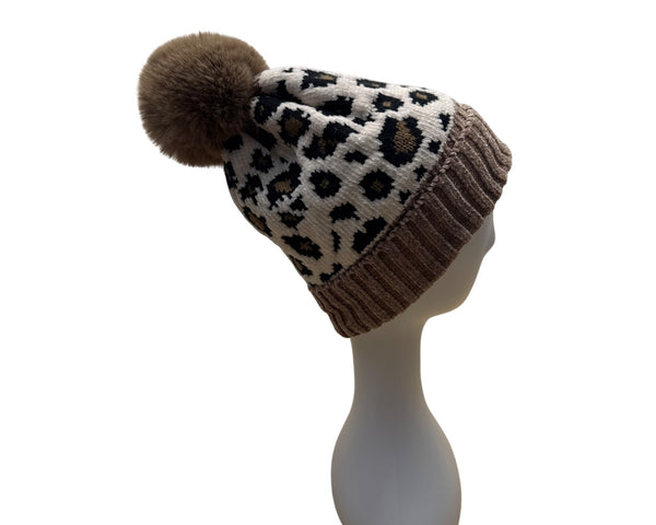 Leopard Print Knit Beanie With Faux Fur Pom Brown Ribbed