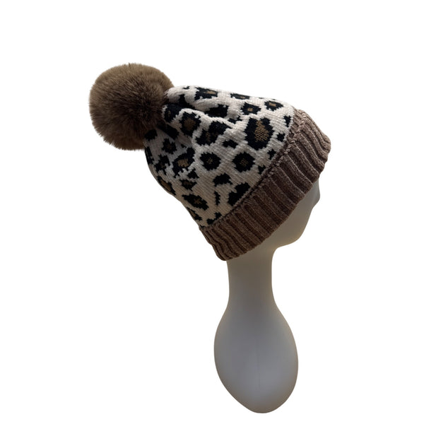 Leopard Print Knit Beanie With Faux Fur Pom Brown Ribbed