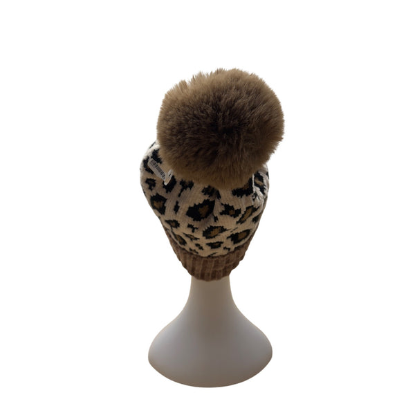 Leopard Print Knit Beanie With Faux Fur Pom Brown Ribbed