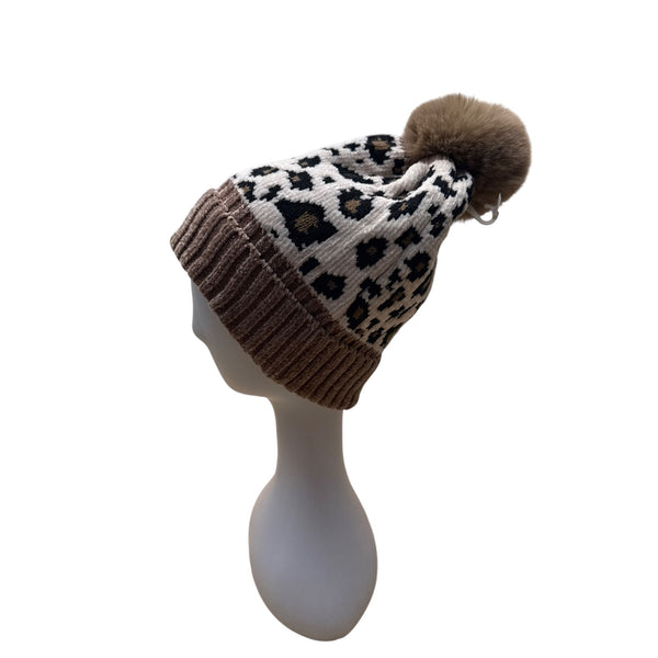 Leopard Print Knit Beanie With Faux Fur Pom Brown Ribbed