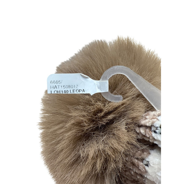 Leopard Print Knit Beanie With Faux Fur Pom Brown Ribbed